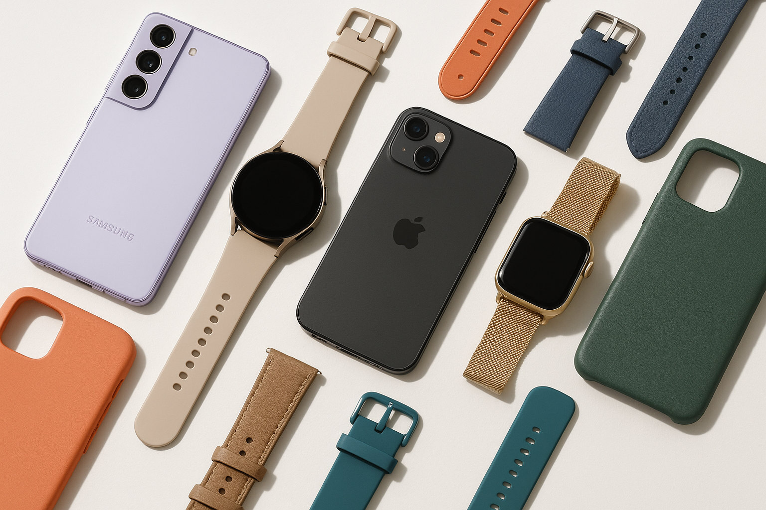 samsung and apple products and loose trendy smartwatch bands and trendy cases on a white background with shadows and dimension for effect